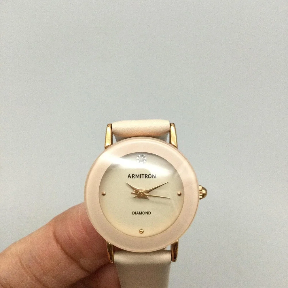Armitron Diamond Womens Watch 24mm Gold Tone Beige Leather Band New Battery